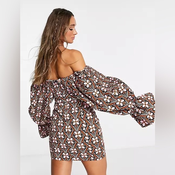 ASOS Luxe Extreme Sleeve Belted Mini Dress Retro Floral Off Shoulder - Picture 3 of 16